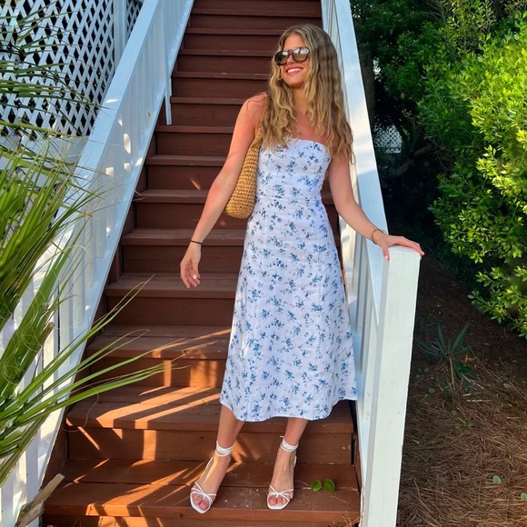 Reformation christen white blue Floral Print square neck tie straps Midi Dress - Picture 13 of 15